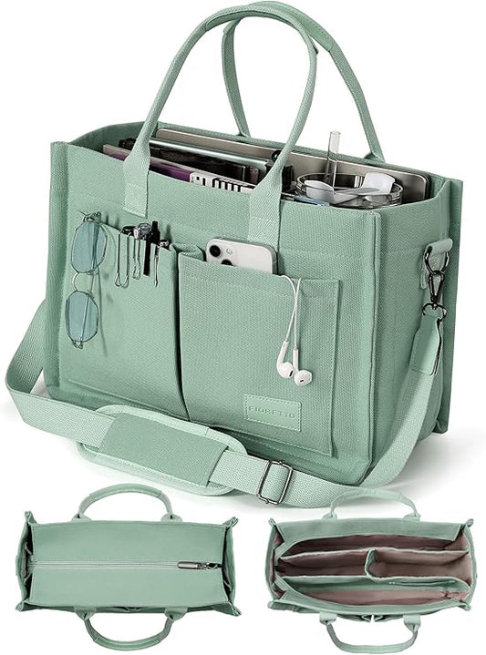 Canvas Tote Bag for Women with Zipper Closure & Individual Compartments for Work College for Teacher & Nurse